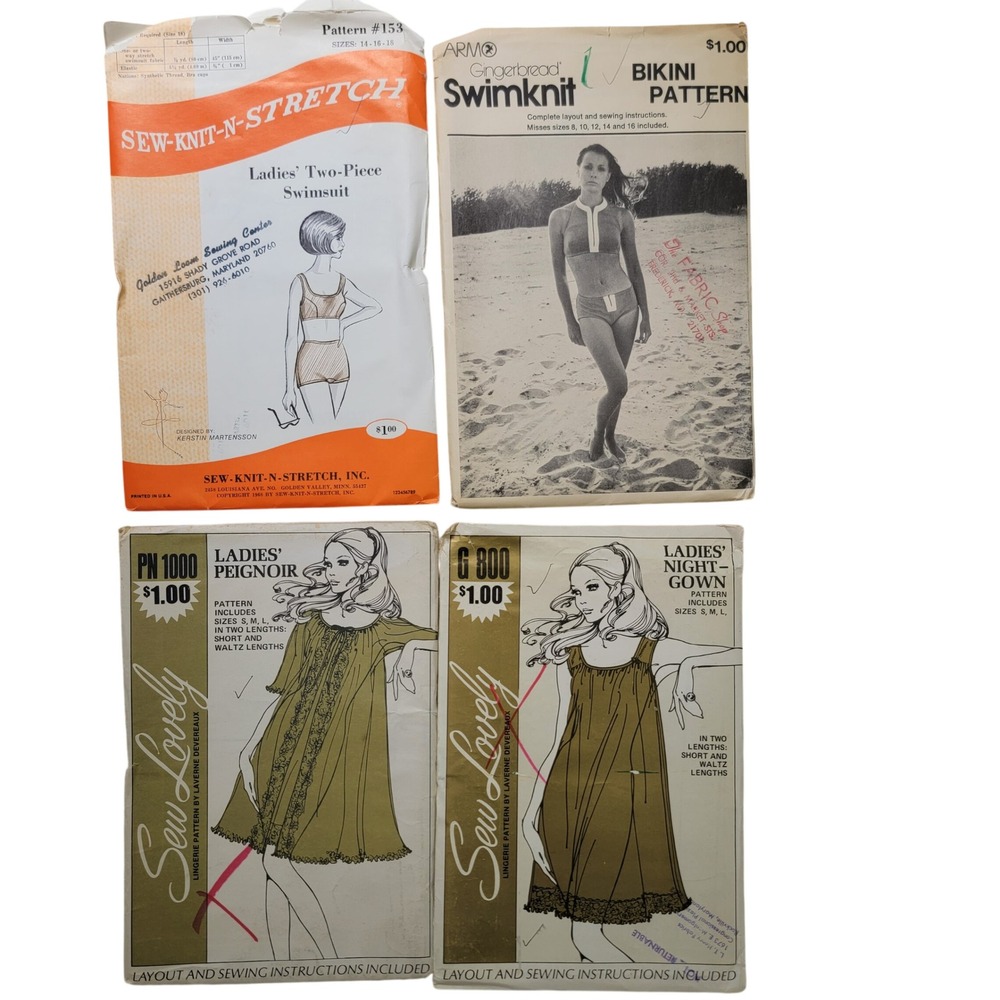 Vintage‎ 60s 70s Sewing Patterns Lot Swimsuit Bikini Nightgown Peignoir 4pc Set